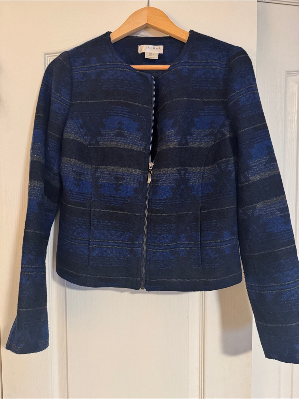 Kenar Blue and Black Geometric Zip Jacket